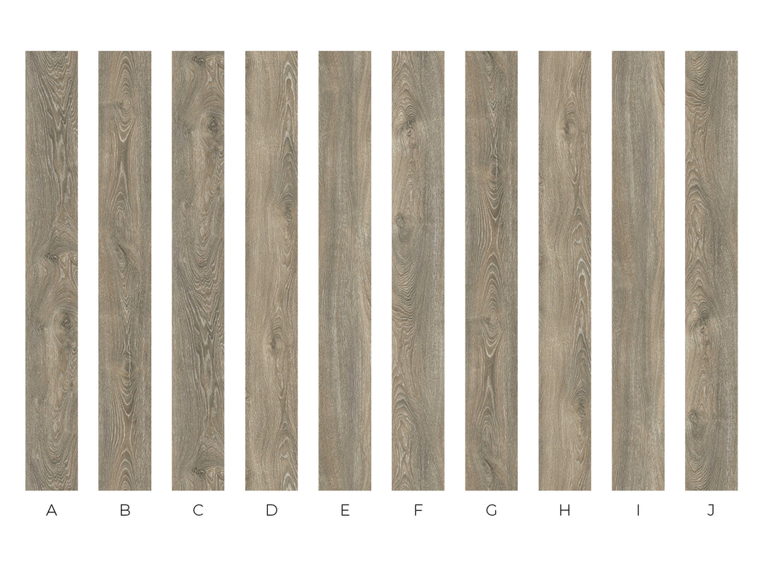 A row of vertical wood-look sample panels labeled A through J on a white background, showing different grain patterns and tones for a flooring or cabinetry finish.