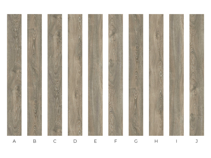A row of vertical wood-look sample panels labeled A through J on a white background, showing different grain patterns and tones for a flooring or cabinetry finish.