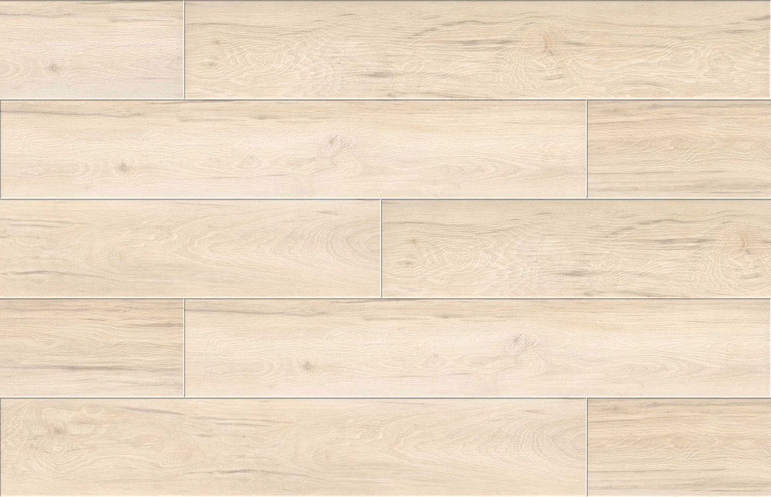 Beige ceramic tiles with a wood-like finish