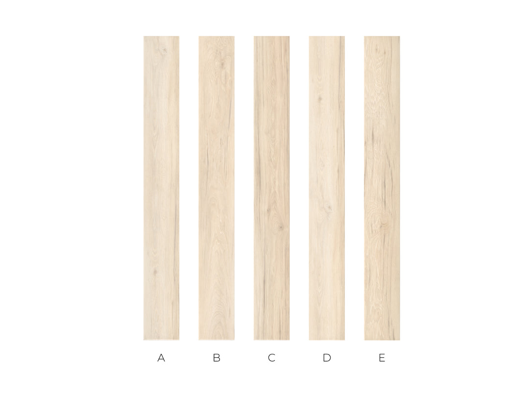 Five vertical wood swatches labeled A through E on a white background, showing different light natural wood grain finishes.