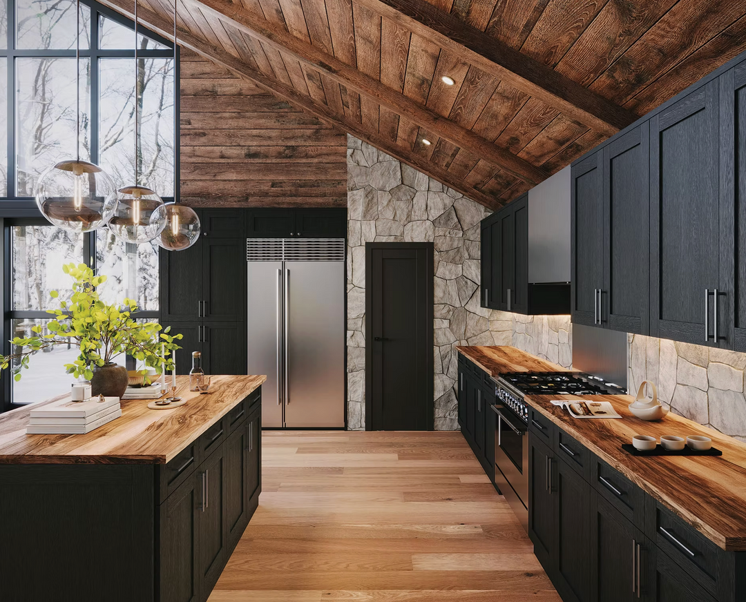 Modern kitchen with wooden countertops, dark cabinets, and stone walls.
