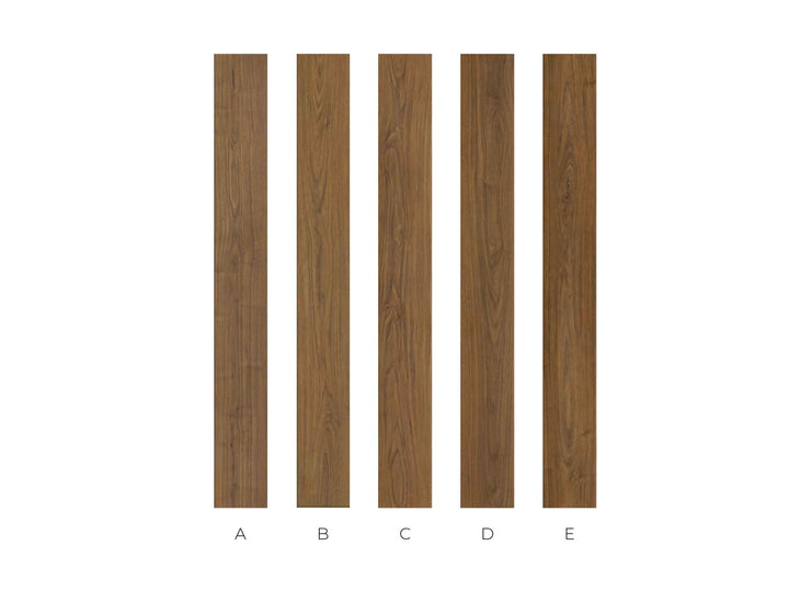 Five vertical wood-look sample panels labeled A through E on a white background, showing different brown wood grain finishes.