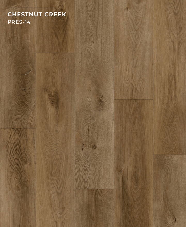 Wooden flooring with 'Chestnut Creek' label and 'PRES-14' text.