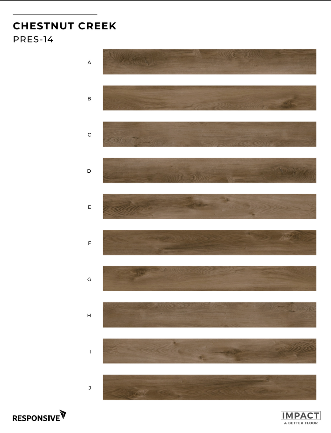 Color swatch chart for 'Chestnut Creek' with multiple wood-like texture samples.