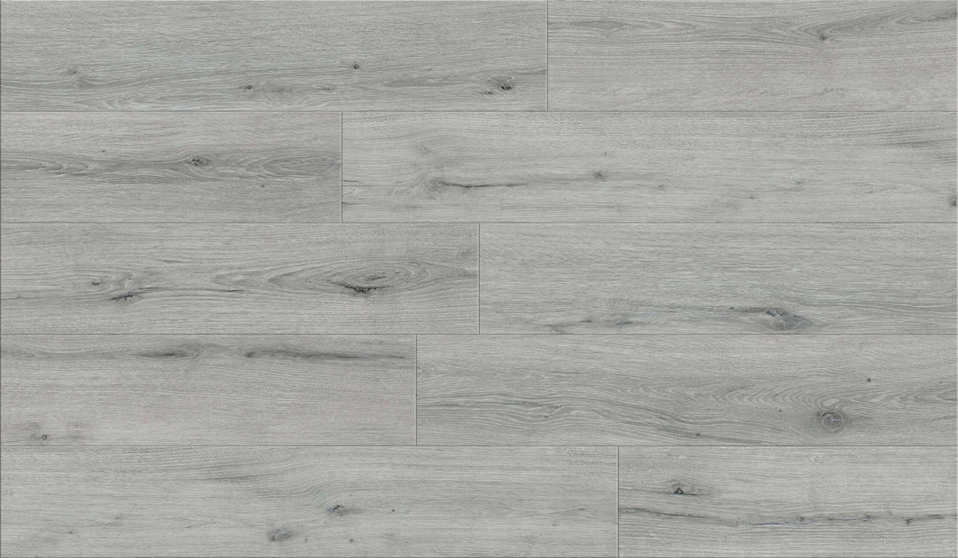 Light gray wood-look flooring planks with visible grain, knots, and natural texture.