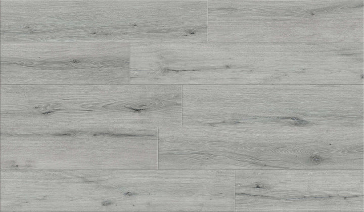 Light gray wood-look flooring planks with visible grain, knots, and natural texture.