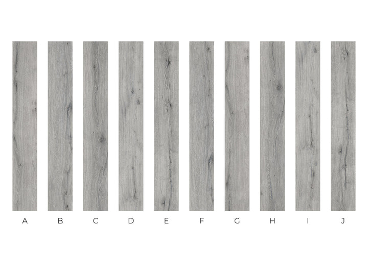 A row of ten vertical wood-look sample panels labeled A through J on a white background, showing different gray wood grain patterns.