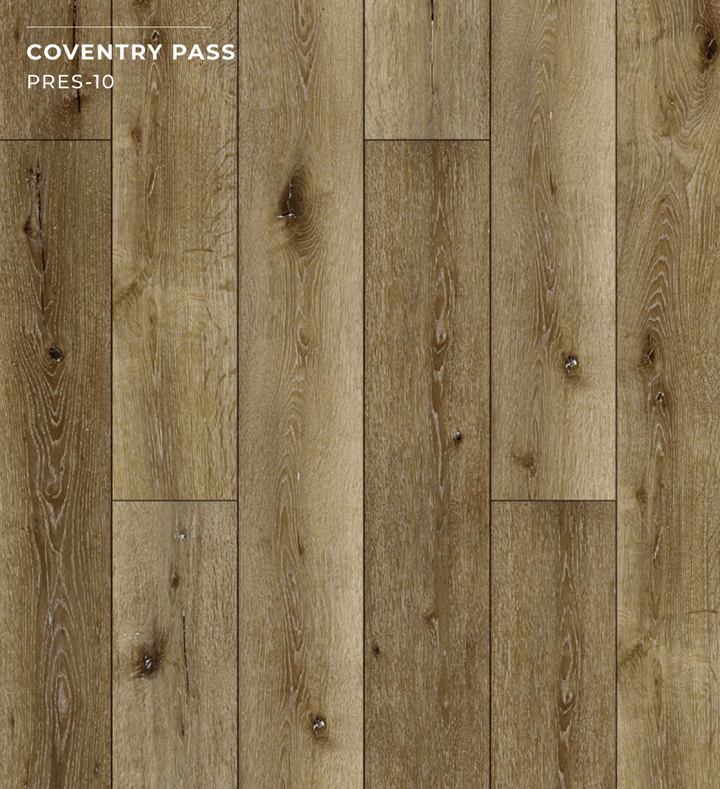 Wooden flooring with a natural finish, labeled 'Coventry Pass' and 'PRES-10'.