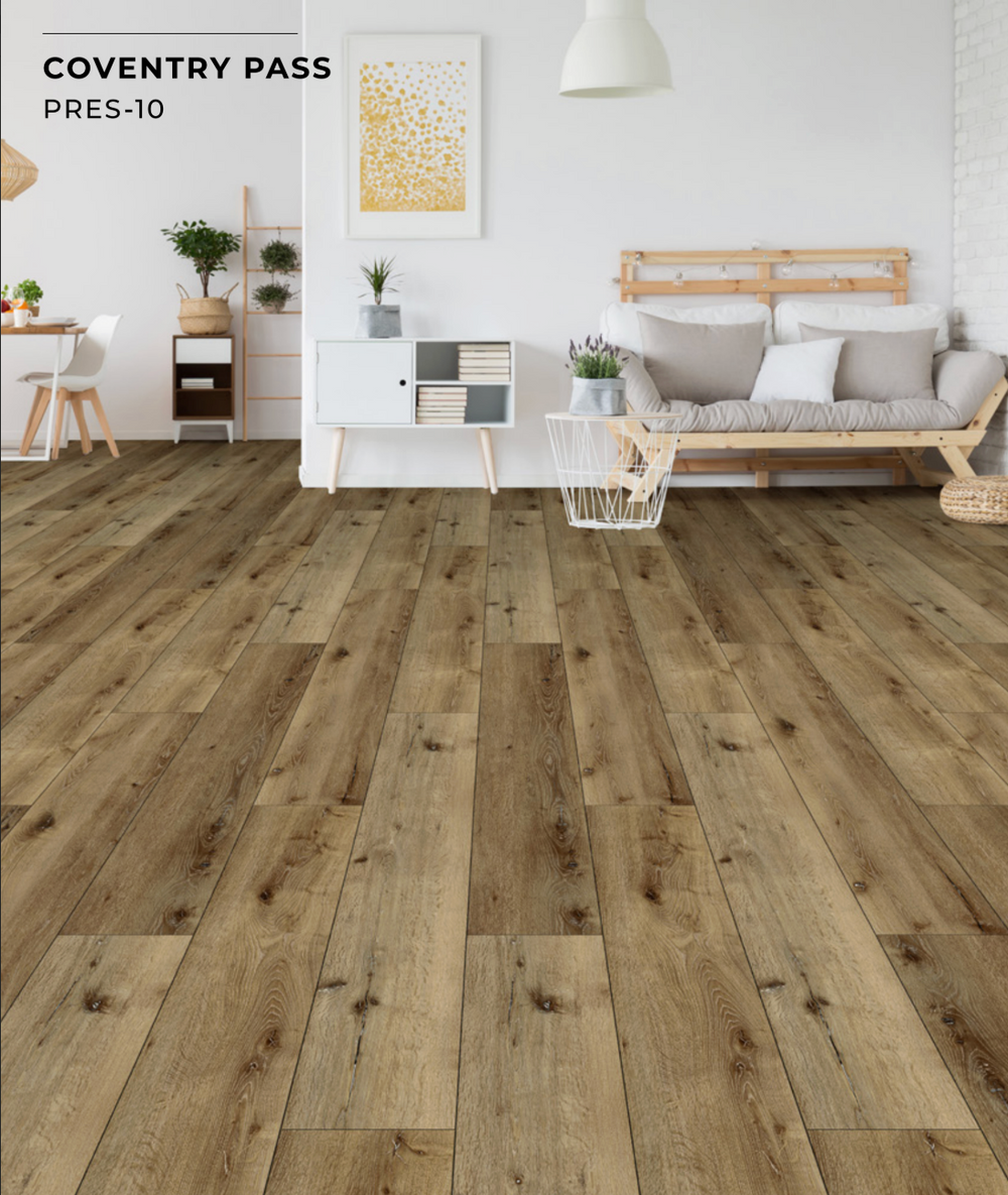 Wooden flooring with a modern living room in the background
