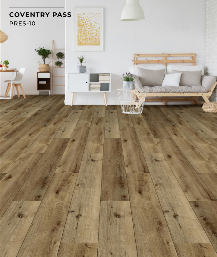 Wooden flooring with a modern living room in the background