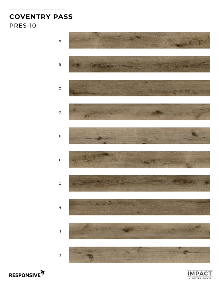 Wooden flooring sample chart with 'Coventry Pass' and 'Responsive' branding.