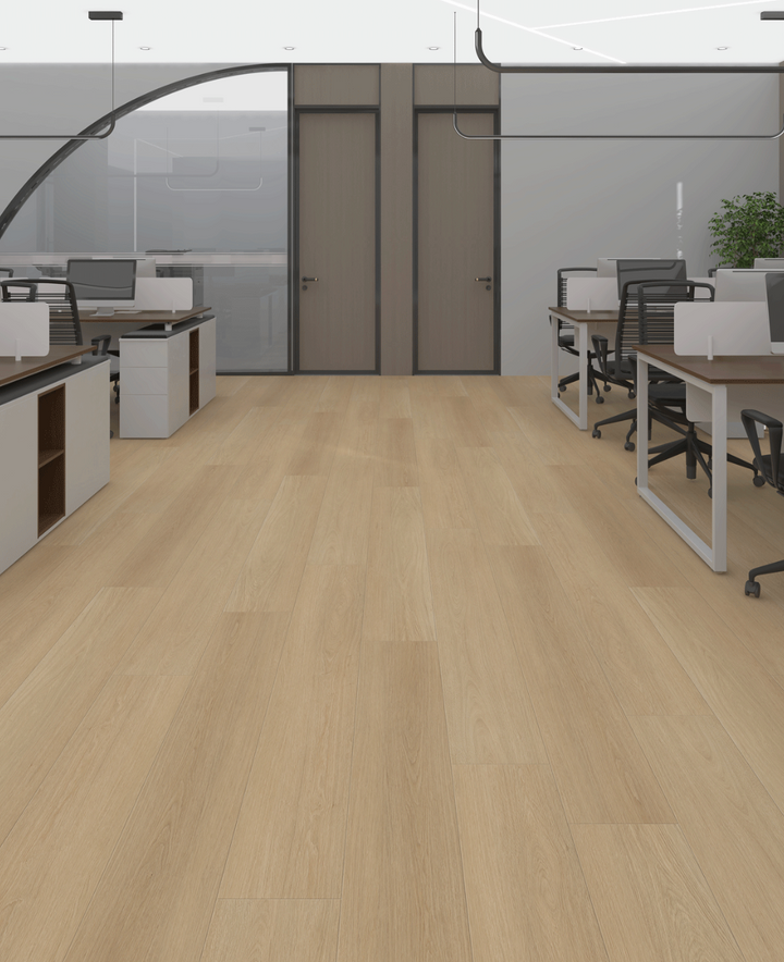 Modern office interior with wooden flooring and office furniture.