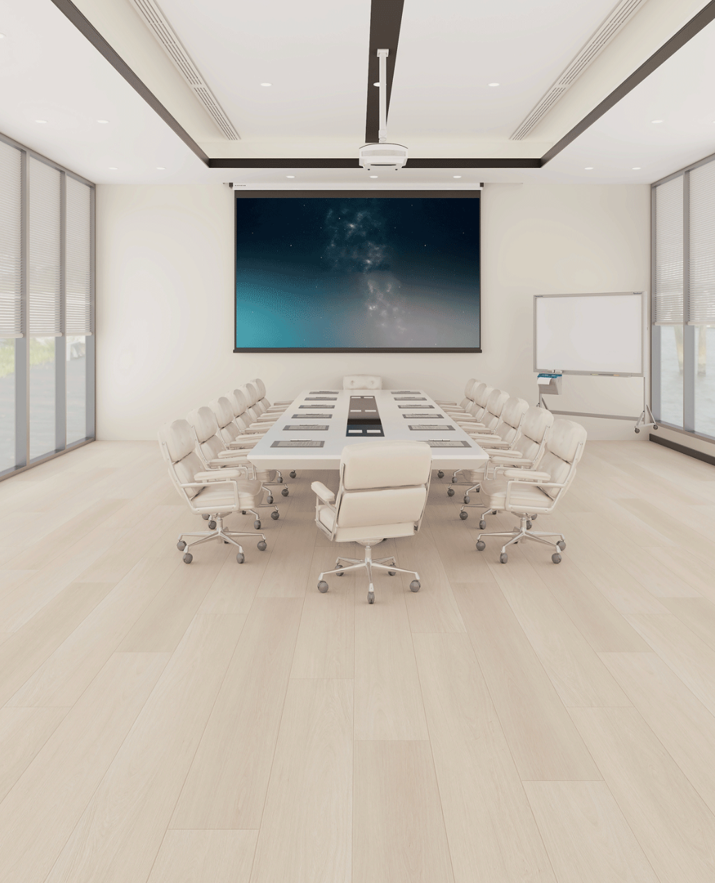 Modern conference room with a large screen and white chairs.
