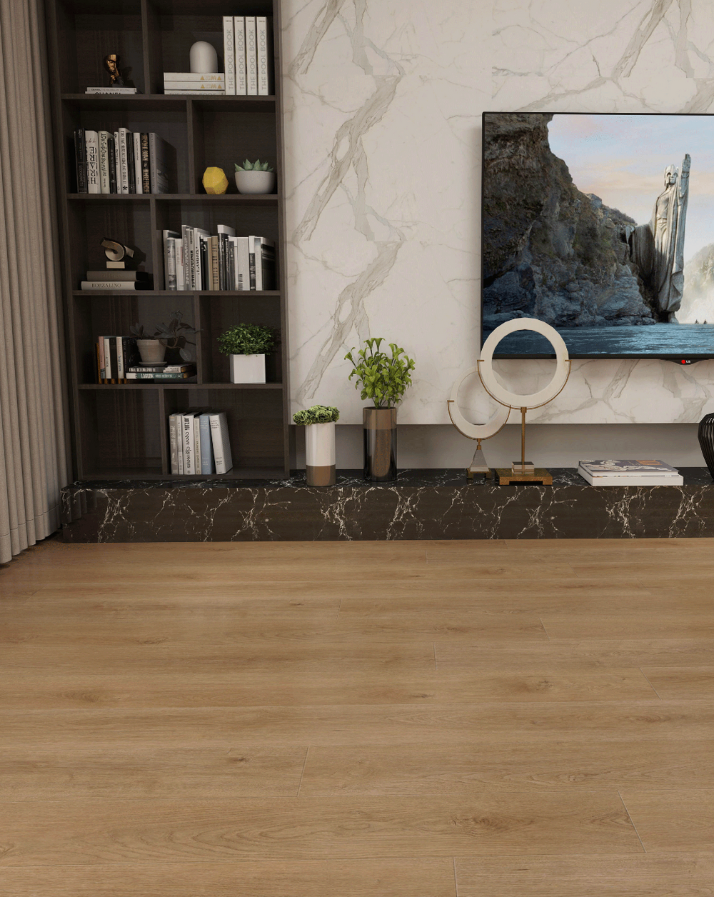 Modern living room with a bookshelf, TV, and decorative items.