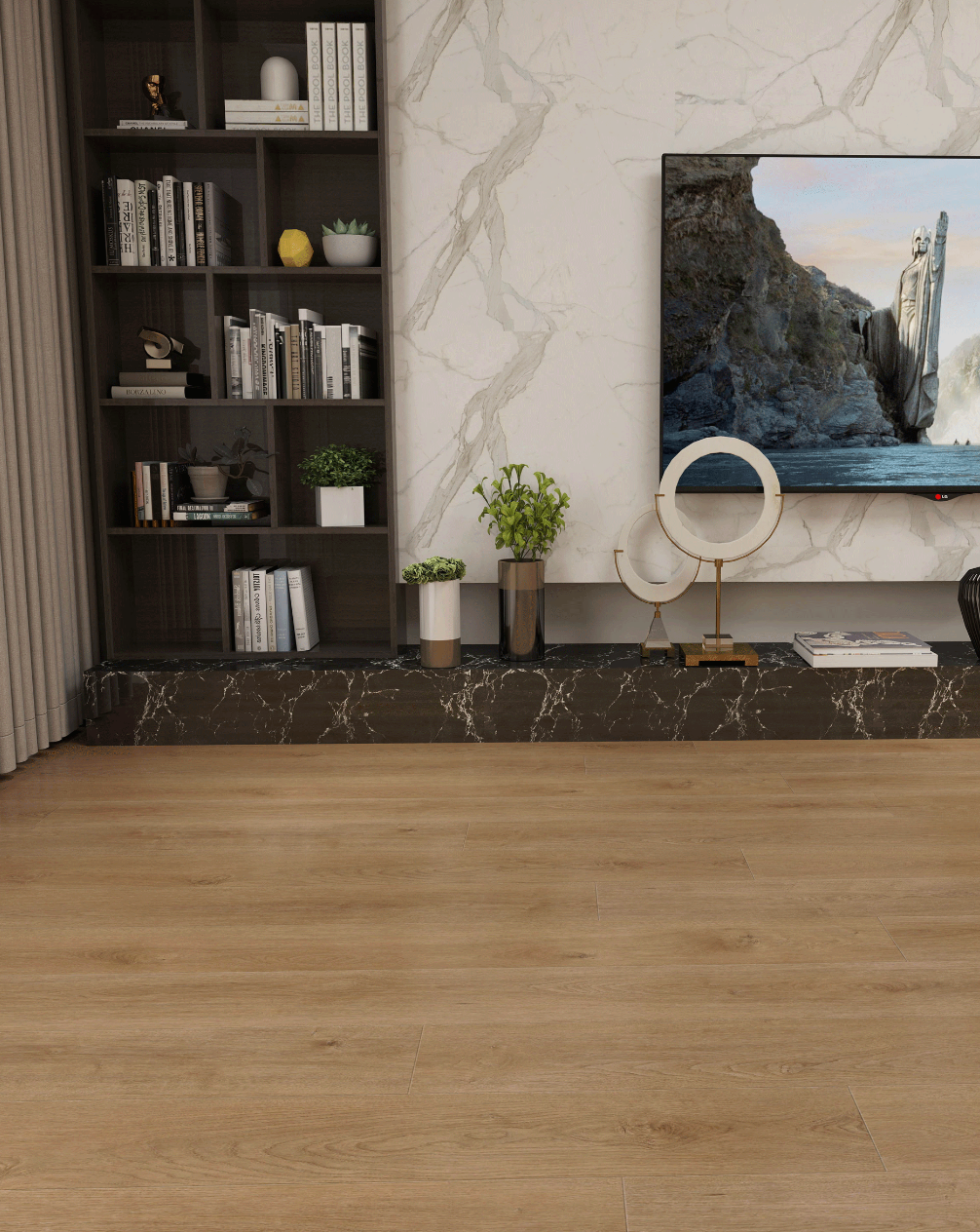 Modern living room with a bookshelf, TV, and decorative items.