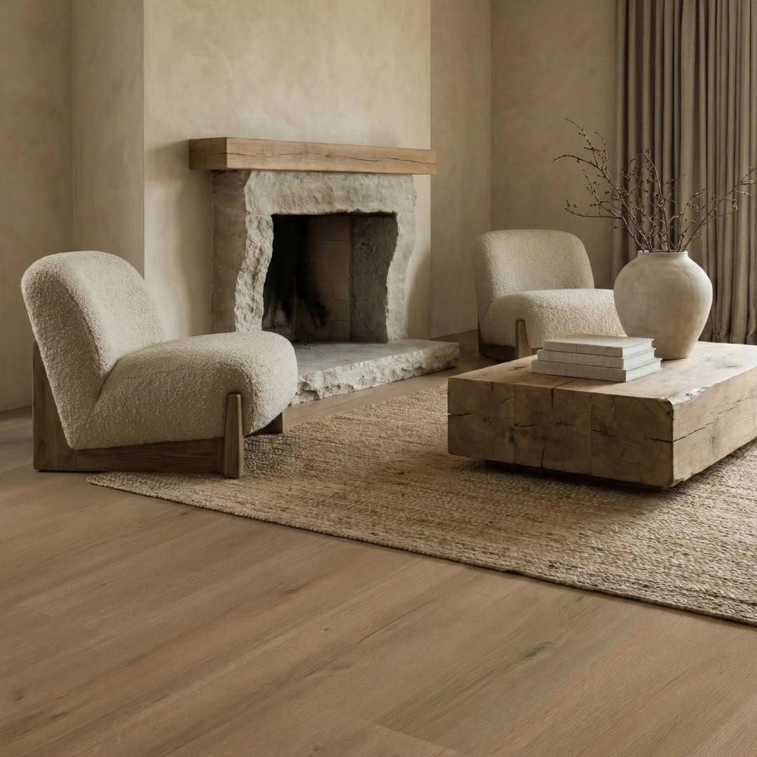 A styled living room scene with two cream boucle armchairs, a rustic wooden coffee table, a woven rug, a stone fireplace, and a ceramic vase on a light wood floor.