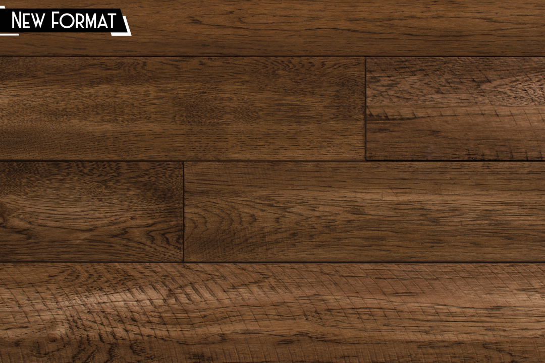 Dark brown wood plank flooring with visible grain texture and a small 'NEW FORMAT' label in the top-left corner.