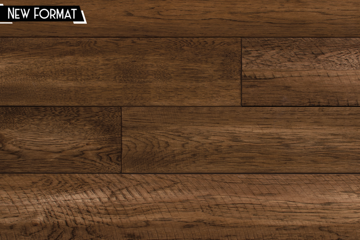 Dark brown wood plank flooring with visible grain texture and a small 'NEW FORMAT' label in the top-left corner.