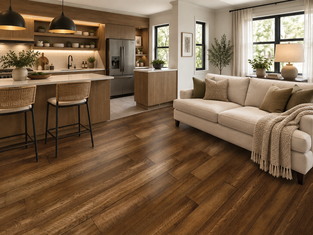 A modern living room and kitchen interior featuring medium-to-dark brown wood plank flooring, a cream sofa with a beige throw blanket, wicker bar stools, pendant lights, and large windows.