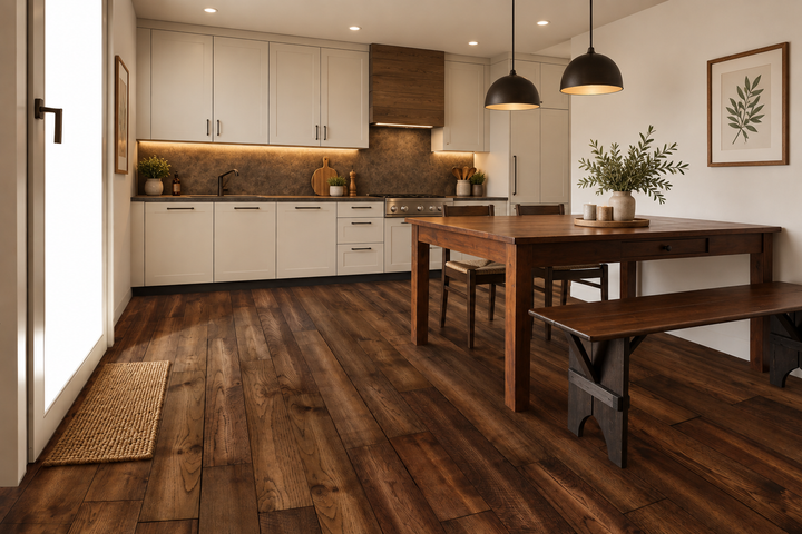A modern kitchen and dining area featuring dark brown wood plank flooring, a wooden dining table and bench, white cabinetry, and warm under-cabinet lighting.