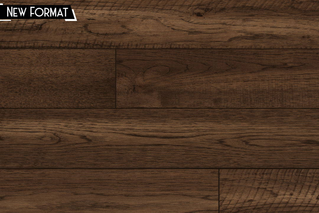Dark brown wood flooring planks with a realistic grain pattern, featuring a 'NEW FORMAT' label in the top-left corner.