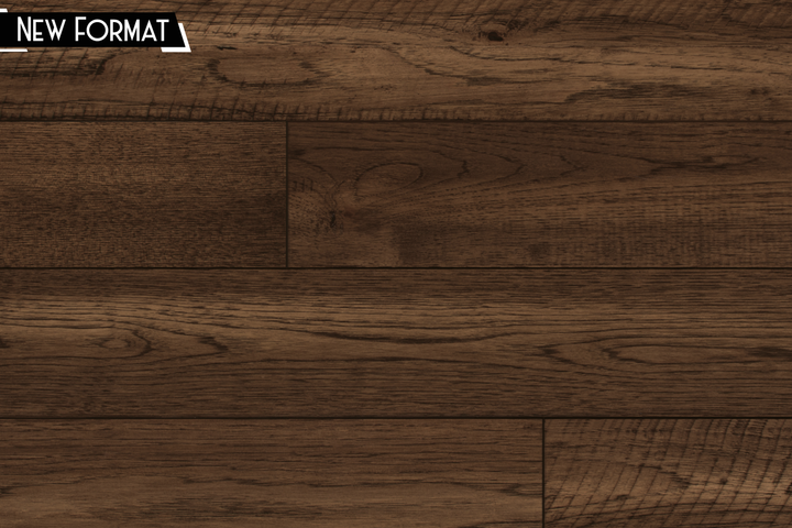 Dark brown wood flooring planks with a realistic grain pattern, featuring a 'NEW FORMAT' label in the top-left corner.