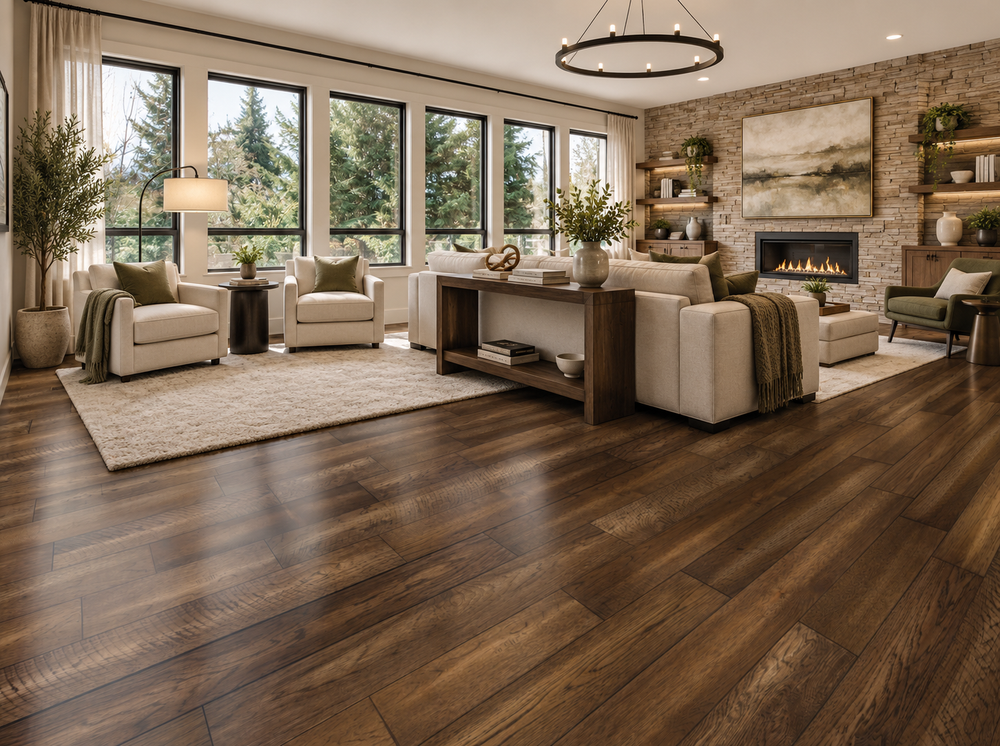A modern living room with dark brown wood plank flooring, featuring a beige sofa, armchairs, a fireplace with a stone surround, and large windows looking out onto a forest.