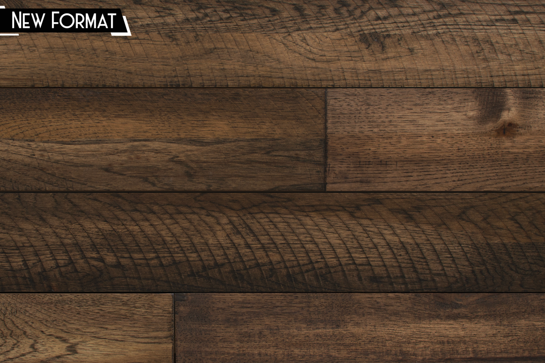 Dark brown wood plank flooring with visible grain patterns and a small 'NEW FORMAT' label in the top-left corner.