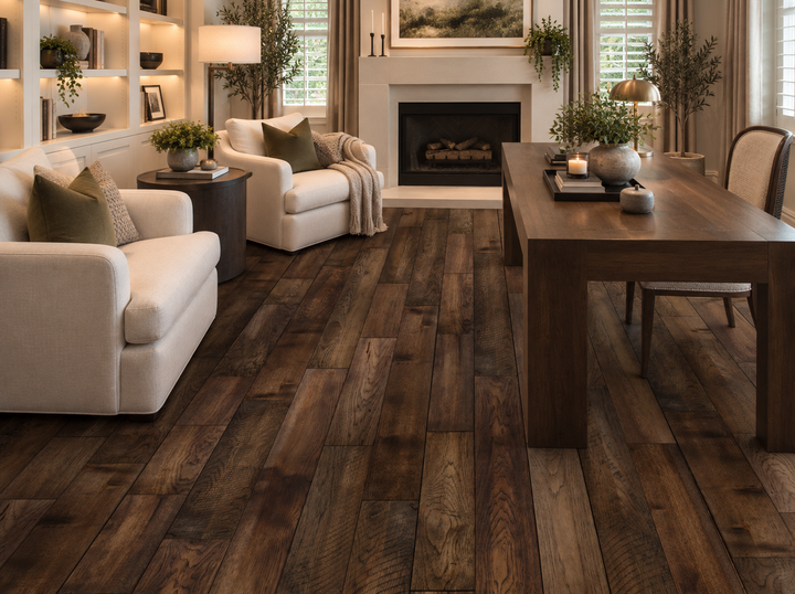 Dark brown rustic hardwood flooring shown in a beautifully styled living room with cream armchairs, a wooden dining table, and a fireplace in the background.