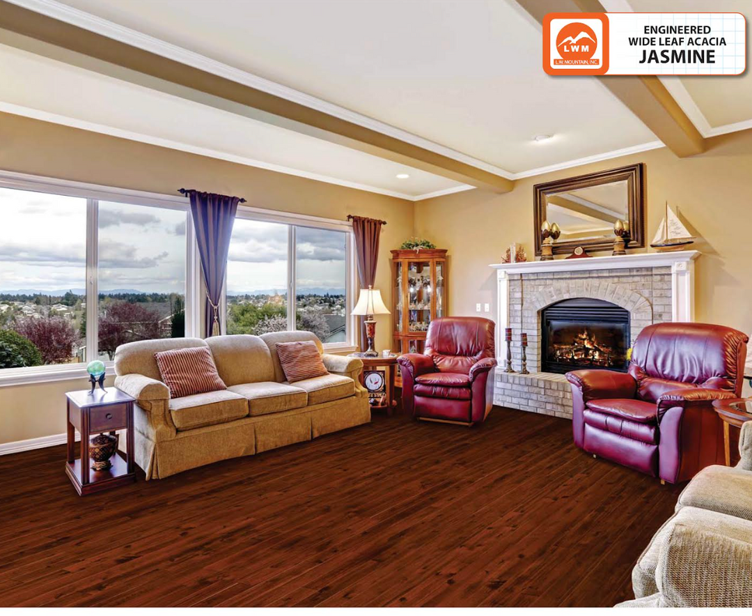 Living room with wooden flooring, furniture, and a fireplace.