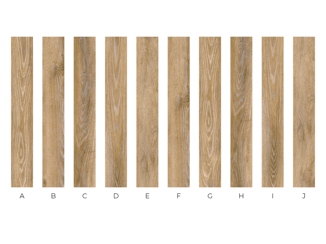 Ten vertical wood grain sample panels labeled A through J on a white background, showing different natural wood tones and grain patterns.