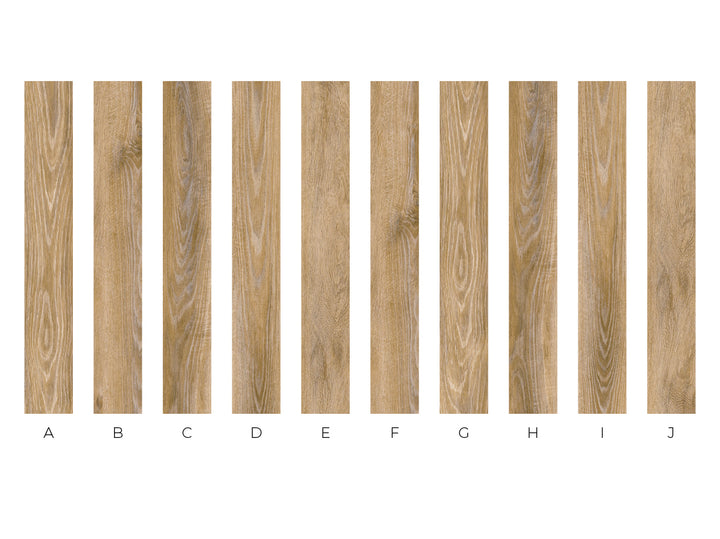 Ten vertical wood grain sample panels labeled A through J on a white background, showing different natural wood tones and grain patterns.
