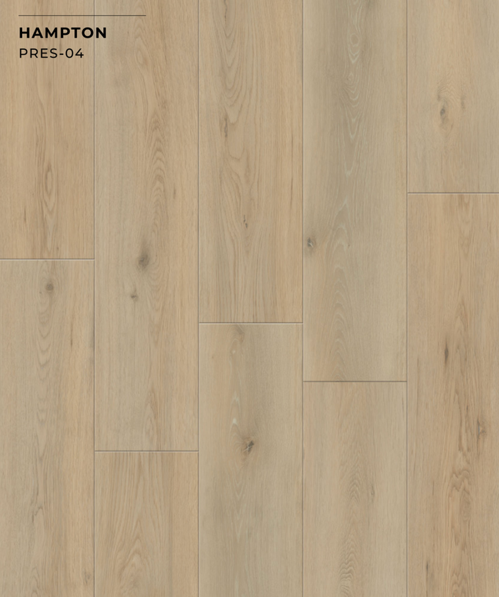 Wooden flooring with a light brown color and 'Hampton' branding.