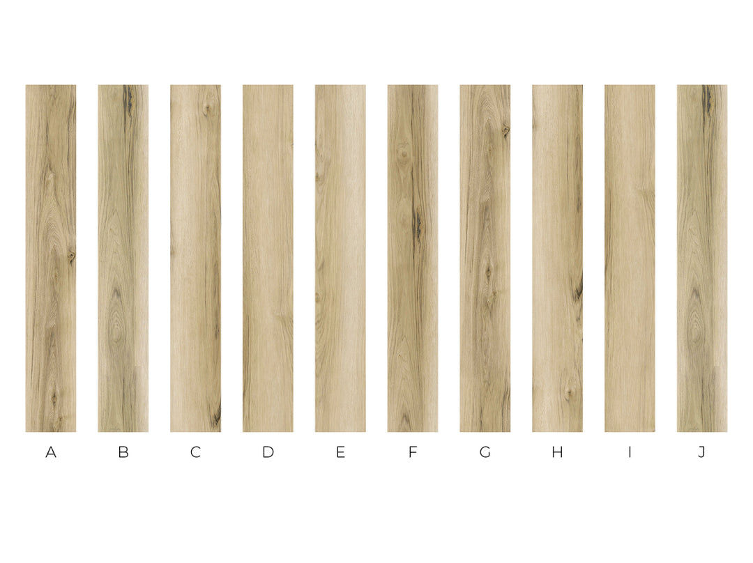 Ten vertical wood grain sample panels labeled A through J on a white background, showing different light natural wood tones and grain patterns.