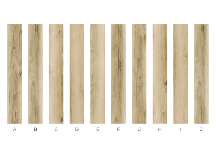 Ten vertical wood grain sample panels labeled A through J on a white background, showing different light natural wood tones and grain patterns.