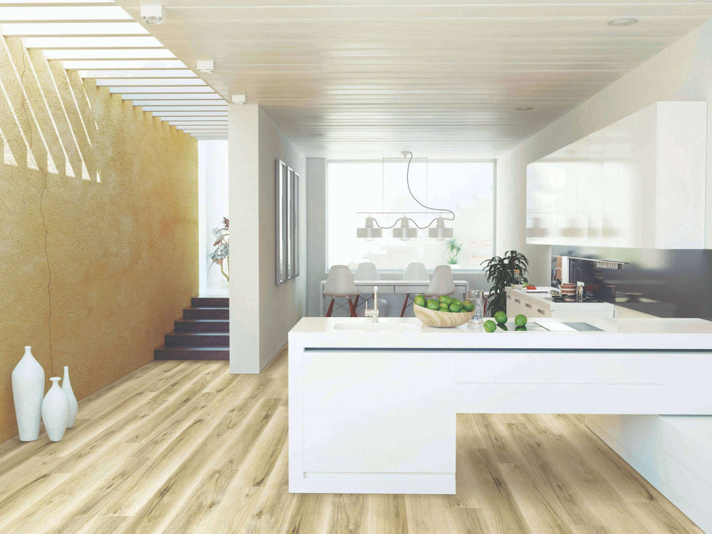 Modern kitchen with white island and wooden floor
