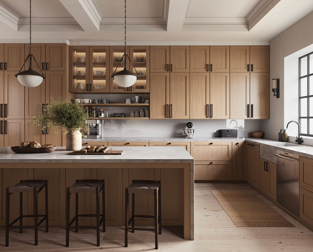 Modern kitchen with wooden cabinets, island, and bar stools.