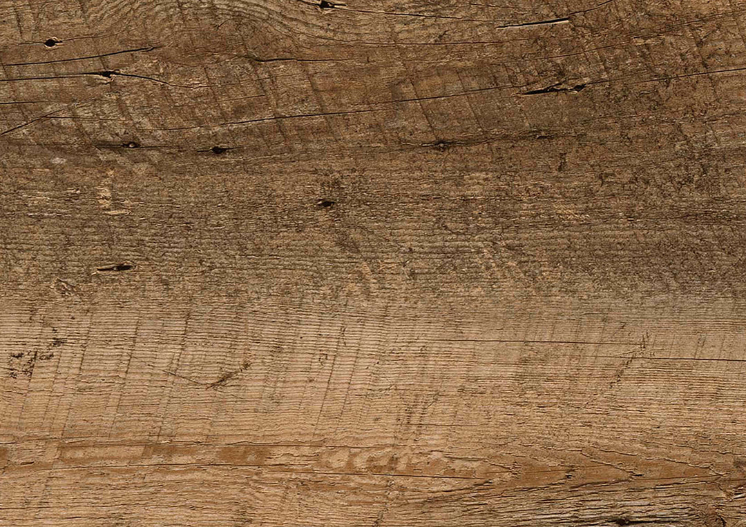 A close-up texture of rustic brown wood grain with visible knots, scratches, and natural variations in tone.