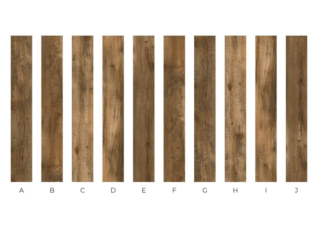 A color swatch chart displaying ten vertical wood planks labeled A through J, showing various rustic brown wood grain patterns on a plain white background.