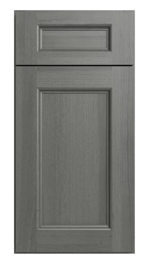 Gray cabinet door with a rectangular panel on a white background