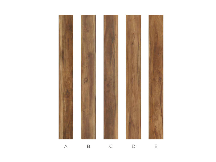 Five vertical wood-look sample panels labeled A through E on a white background, showing different warm brown wood grain finishes.