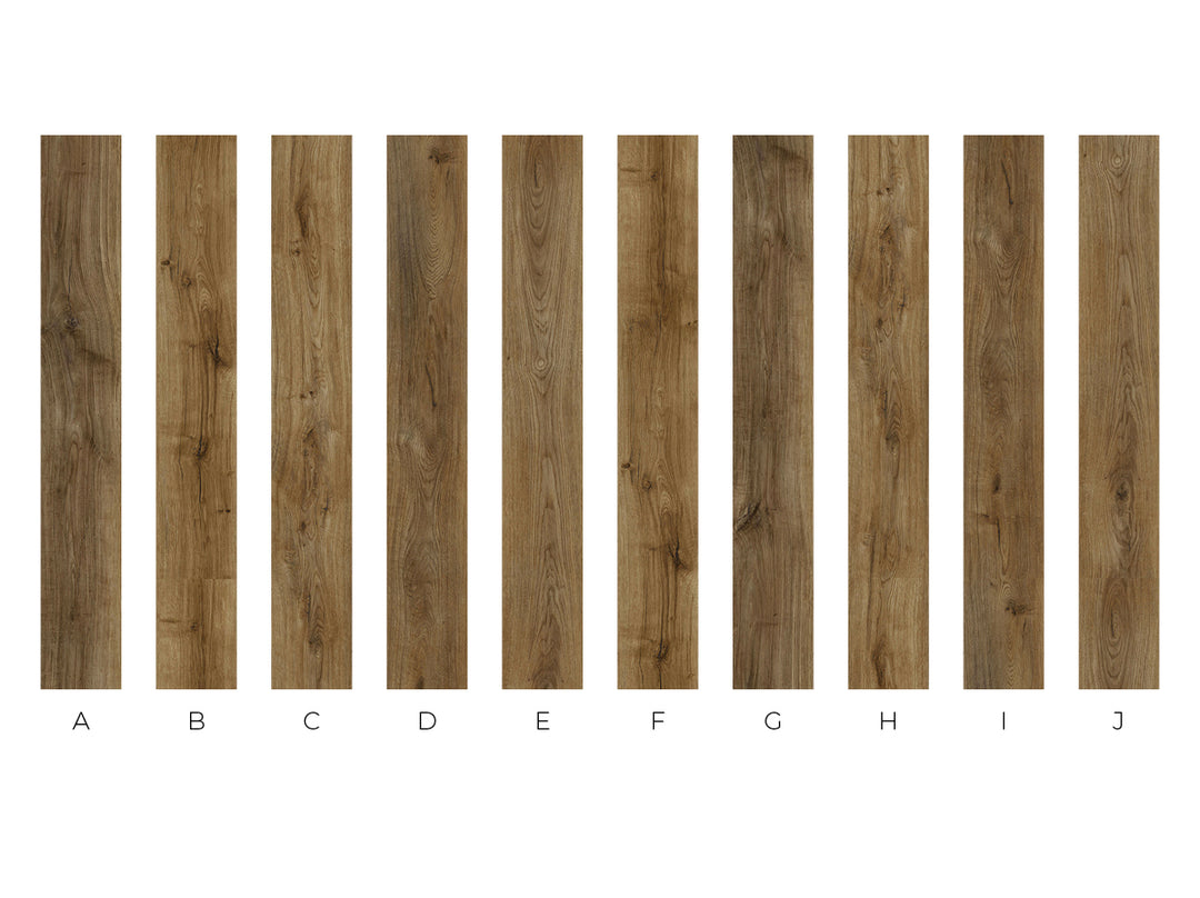 A color and material swatch chart displaying ten vertical wood-look planks labeled A through J on a white background.