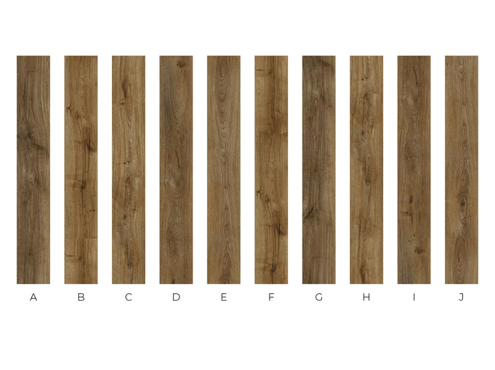 A color and material swatch chart displaying ten vertical wood-look planks labeled A through J on a white background.