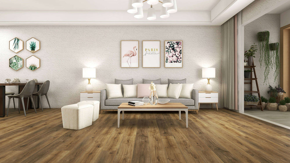 Modern living room with gray sofa, wooden coffee table, and decorative elements.