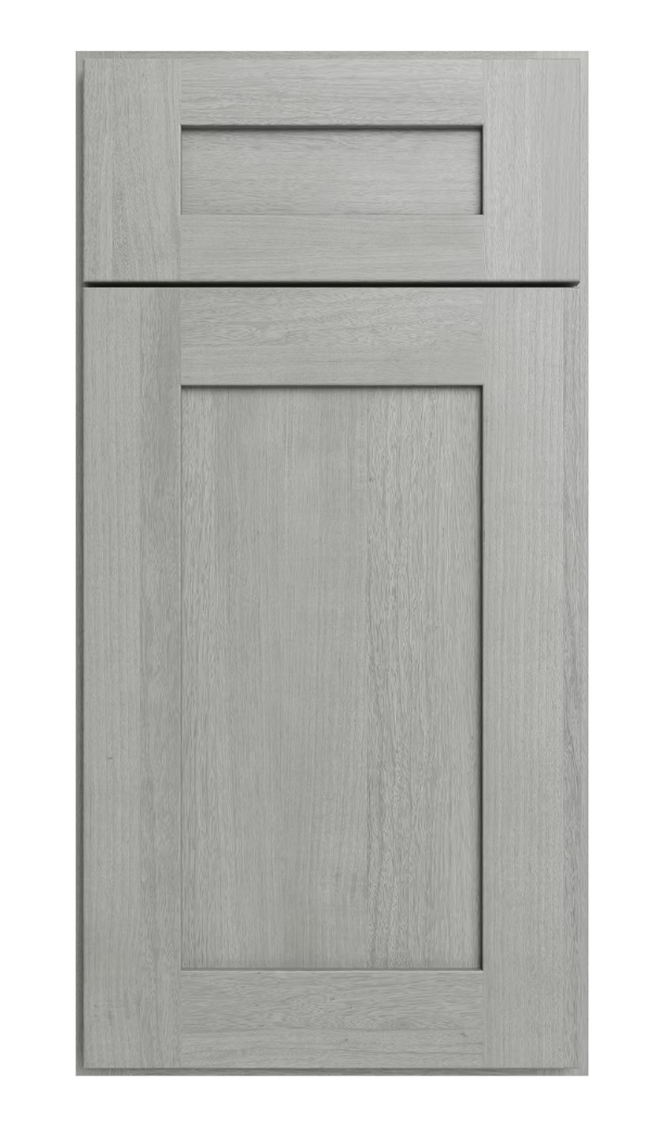 Gray cabinet door with a rectangular design on a white background