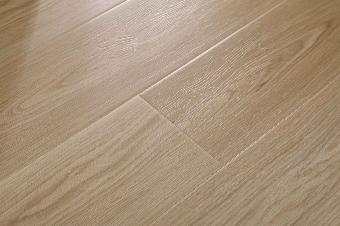 Light oak wood flooring planks with a natural grain pattern and a glossy finish.