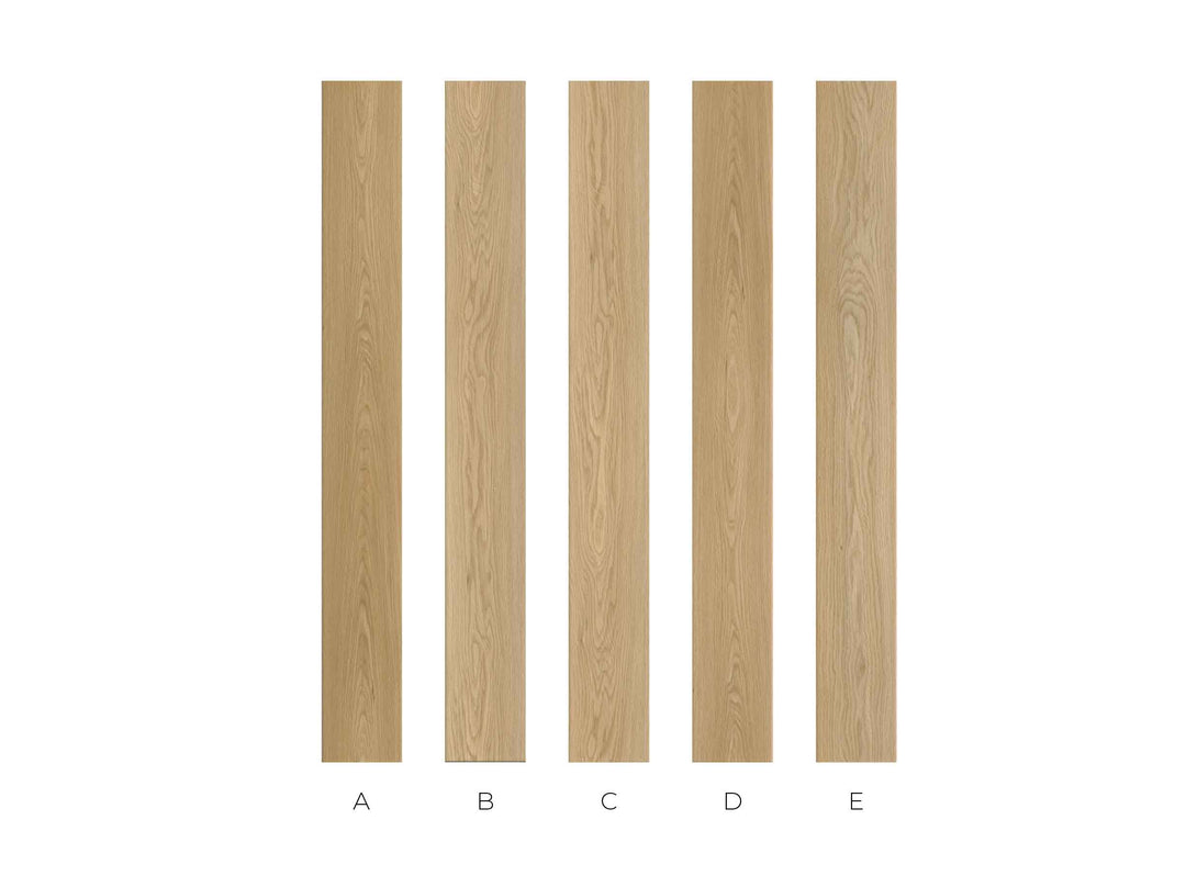 Five vertical wood grain sample panels labeled A through E on a white background, showing different light oak wood color and grain variations.