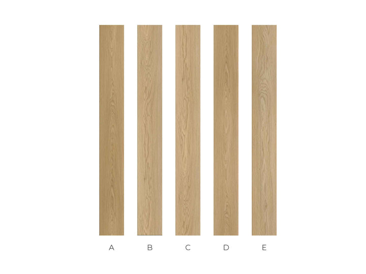 Five vertical wood grain sample panels labeled A through E on a white background, showing different light oak wood color and grain variations.