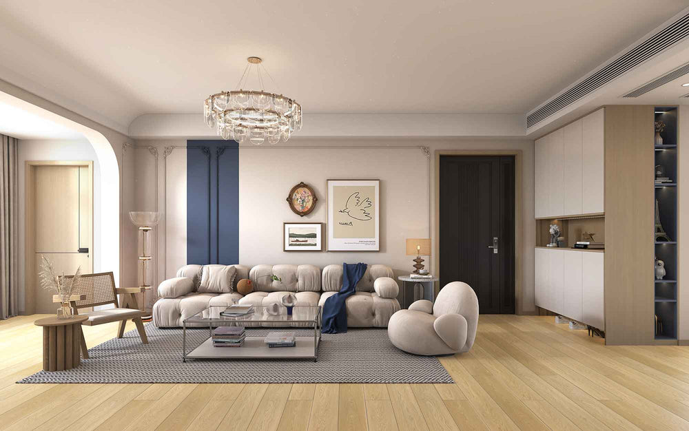 Modern living room with a chandelier, sofa, and coffee table.