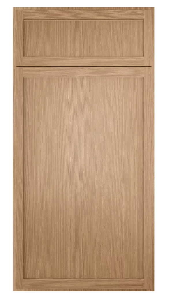 Wooden cabinet door with a two-tone design on a white background